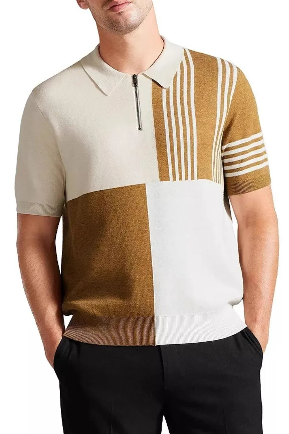 Men Contrast Panel Short Sleeve Polo Shirt